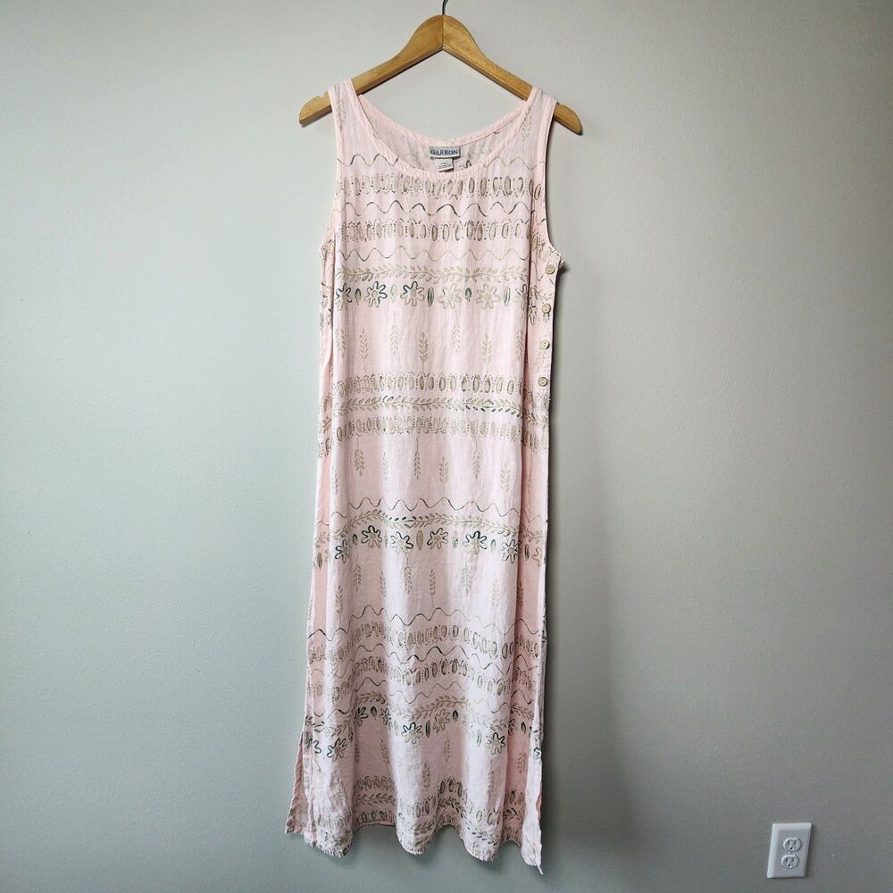 100% Linen Blush Pink Artisan Boho Dress Side Button Detail S Made In USA Garron